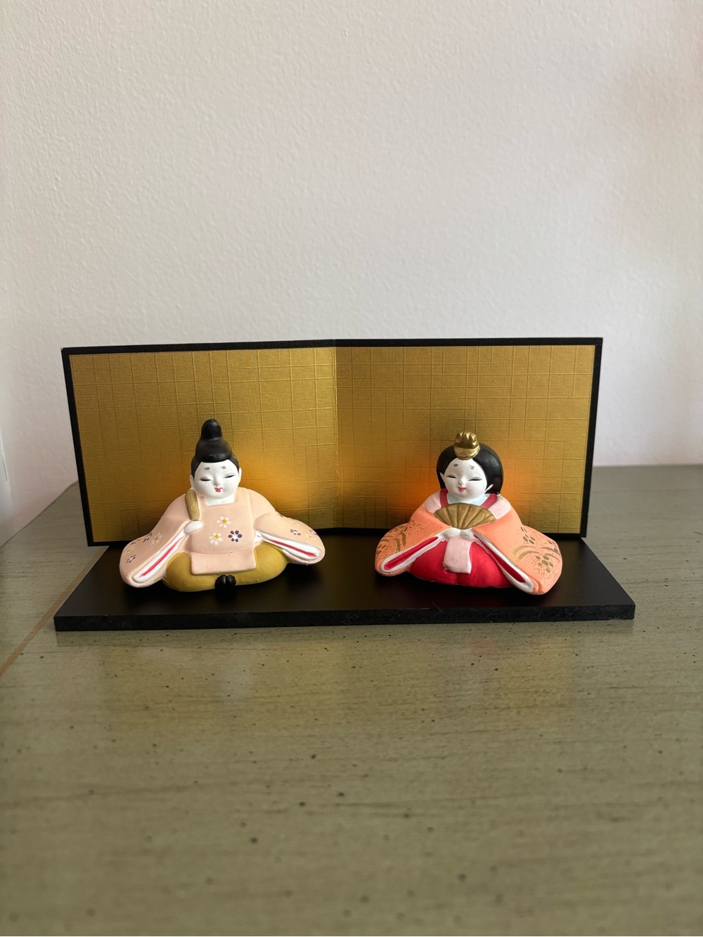 Vintage Japanese Hina Dolls Set with Gold Screen